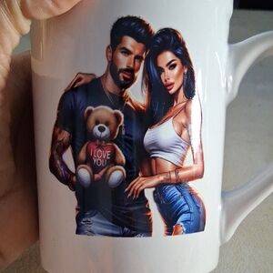 Stylish White Mug with Couple and Teddy Bear Design
